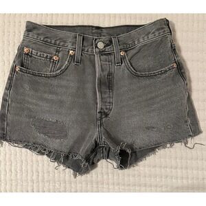 Levi's Women's Denim Shorts Black Washed Button‎ Fly SZ 26 Mid Rise Cut Raw Hem